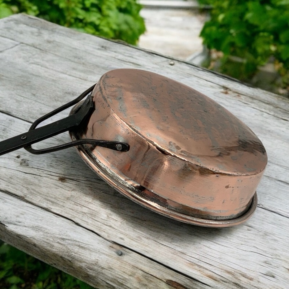 Antique c1800s Rustic Thick Copper Sauté Pan, Long Hand Forged Iron Handle - Picture 6 of 10